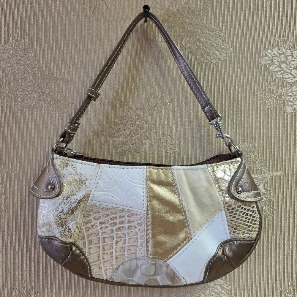 Y2K Patchwork Baguette Shoulder Bag Gold White Brown Metallic Snake Croc Print